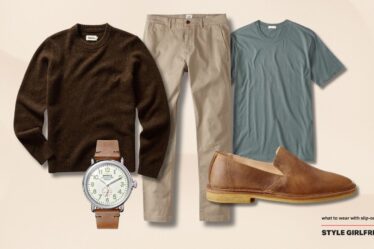 Casual Slip-on Shoes Outfits with a crewneck sweater, tan chinos, and leather loafers