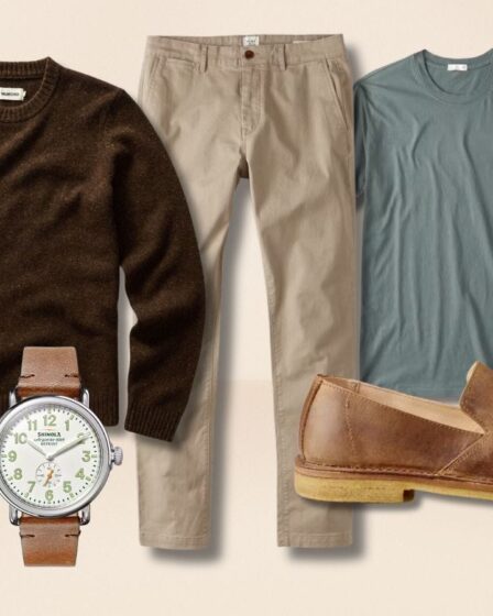 Casual Slip-on Shoes Outfits with a crewneck sweater, tan chinos, and leather loafers