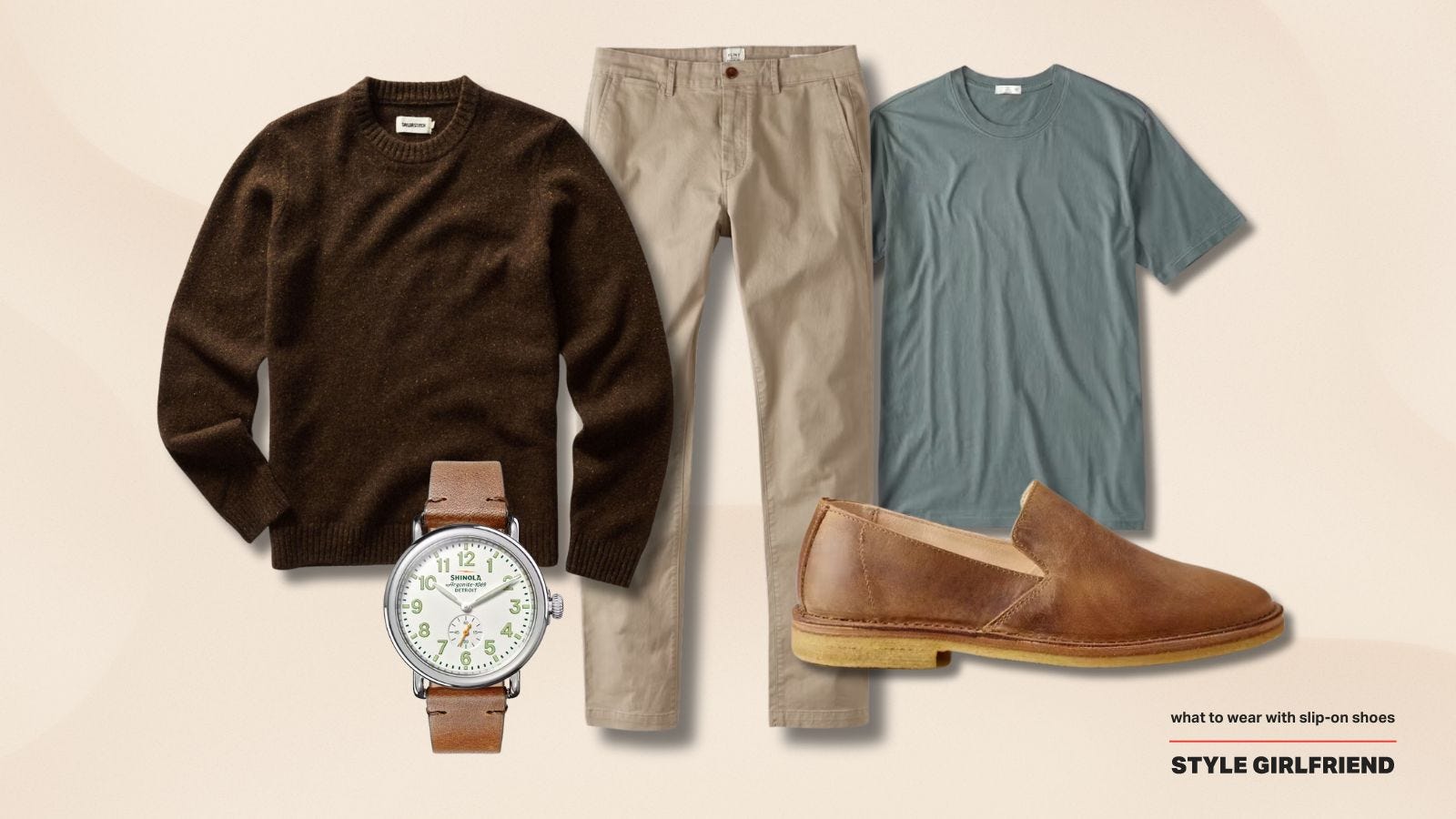 Casual Slip-on Shoes Outfits with a crewneck sweater, tan chinos, and leather loafers