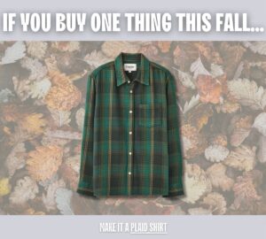 a green plaid shirt. text on-screen reads: if you buy one thing this fall...make it a plaid shirt