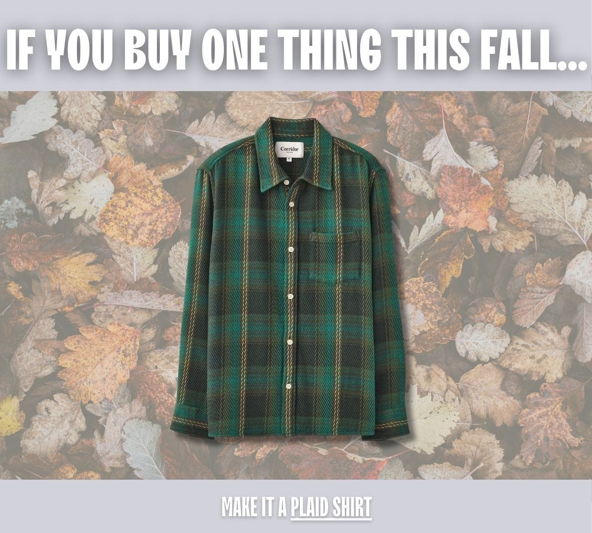 a green plaid shirt. text on-screen reads: if you buy one thing this fall...make it a plaid shirt