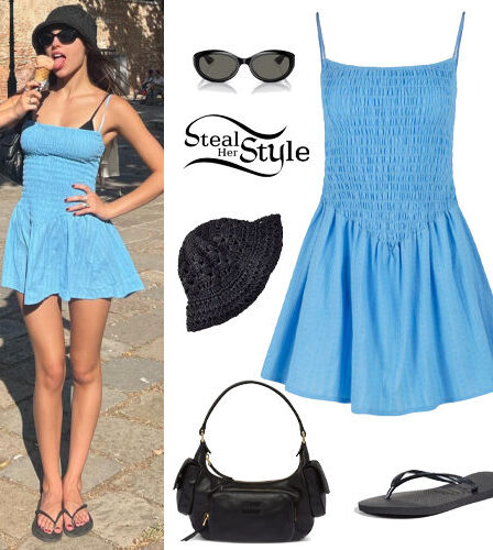 Olivia Rodrigo: Blue Mini Dress, Black Flip Flops