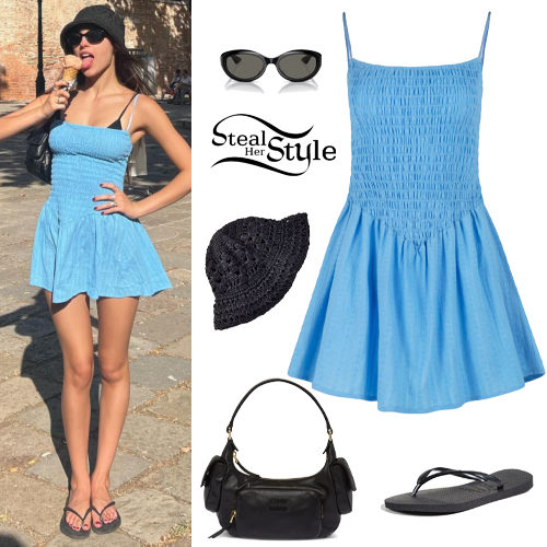 Olivia Rodrigo: Blue Mini Dress, Black Flip Flops