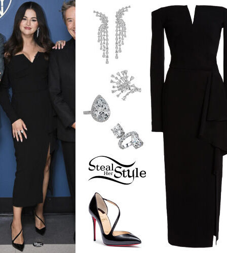 Selena Gomez: Black Midi Dress and Pumps