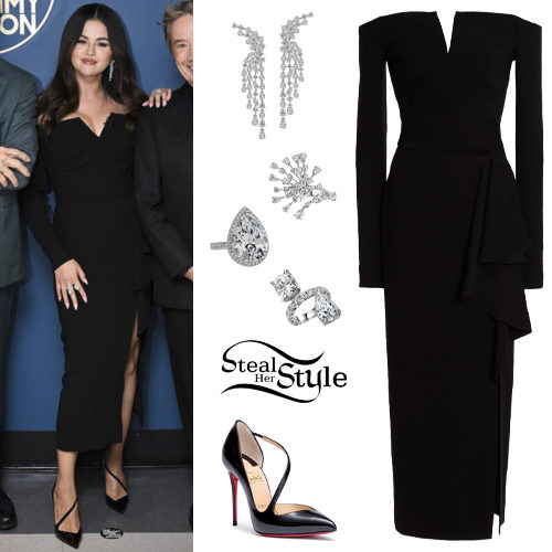 Selena Gomez: Black Midi Dress and Pumps