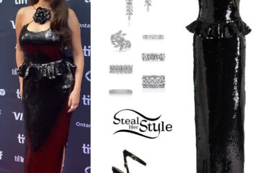 Selena Gomez: Black Sequin Gown, Platform Sandals