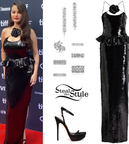 Selena Gomez: Black Sequin Gown, Platform Sandals