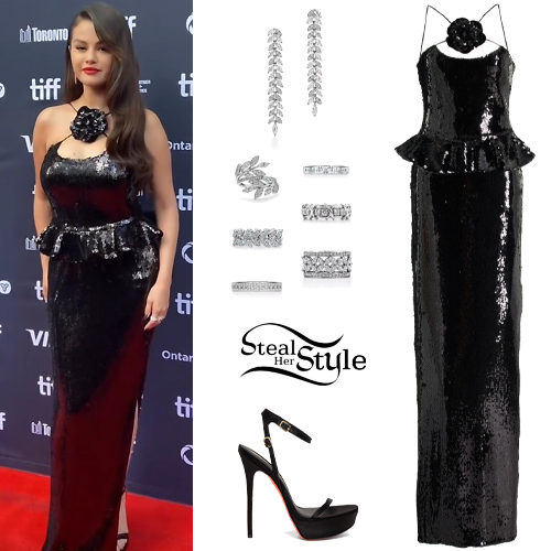 Selena Gomez: Black Sequin Gown, Platform Sandals