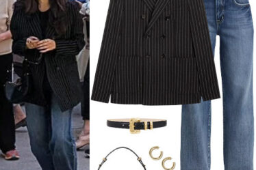 Selena Gomez: Striped Blazer, Wide-Leg Jeans