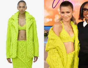 Zendaya's McQueen Oversized Cable Knit Cardigan, Skirt & Bra