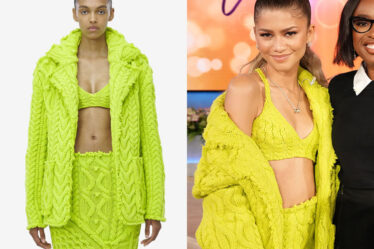 Zendaya's McQueen Oversized Cable Knit Cardigan, Skirt & Bra