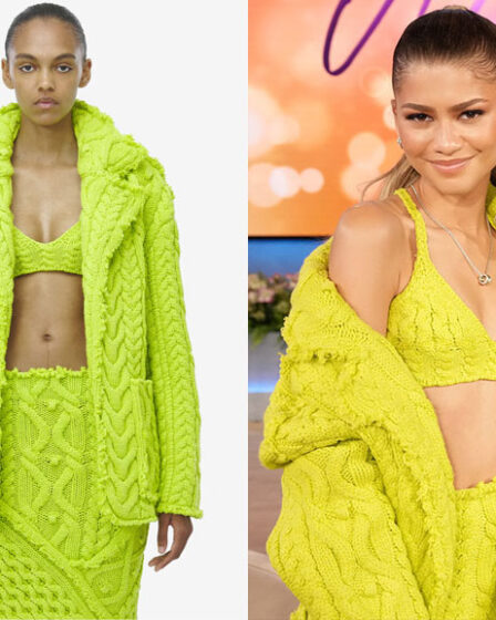 Zendaya's McQueen Oversized Cable Knit Cardigan, Skirt & Bra