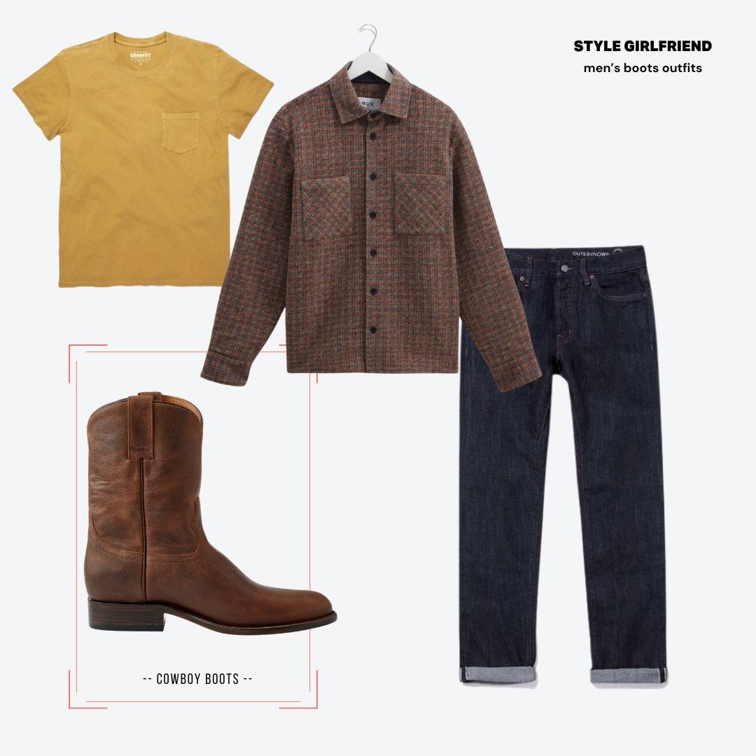 men's cowboy boot outfit with yellow t-shirt, brown plaid overshirt, and dark jeans