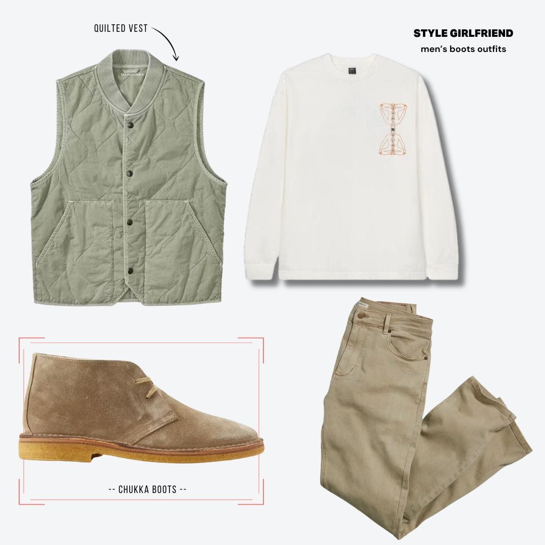 men's chukka boot outfit with a white long-sleeve shirt, tan 5-pocket pants, and light green quilted vest