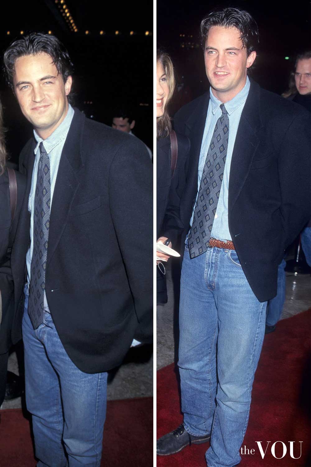 Matthew Perry 90s style double denim with blazer