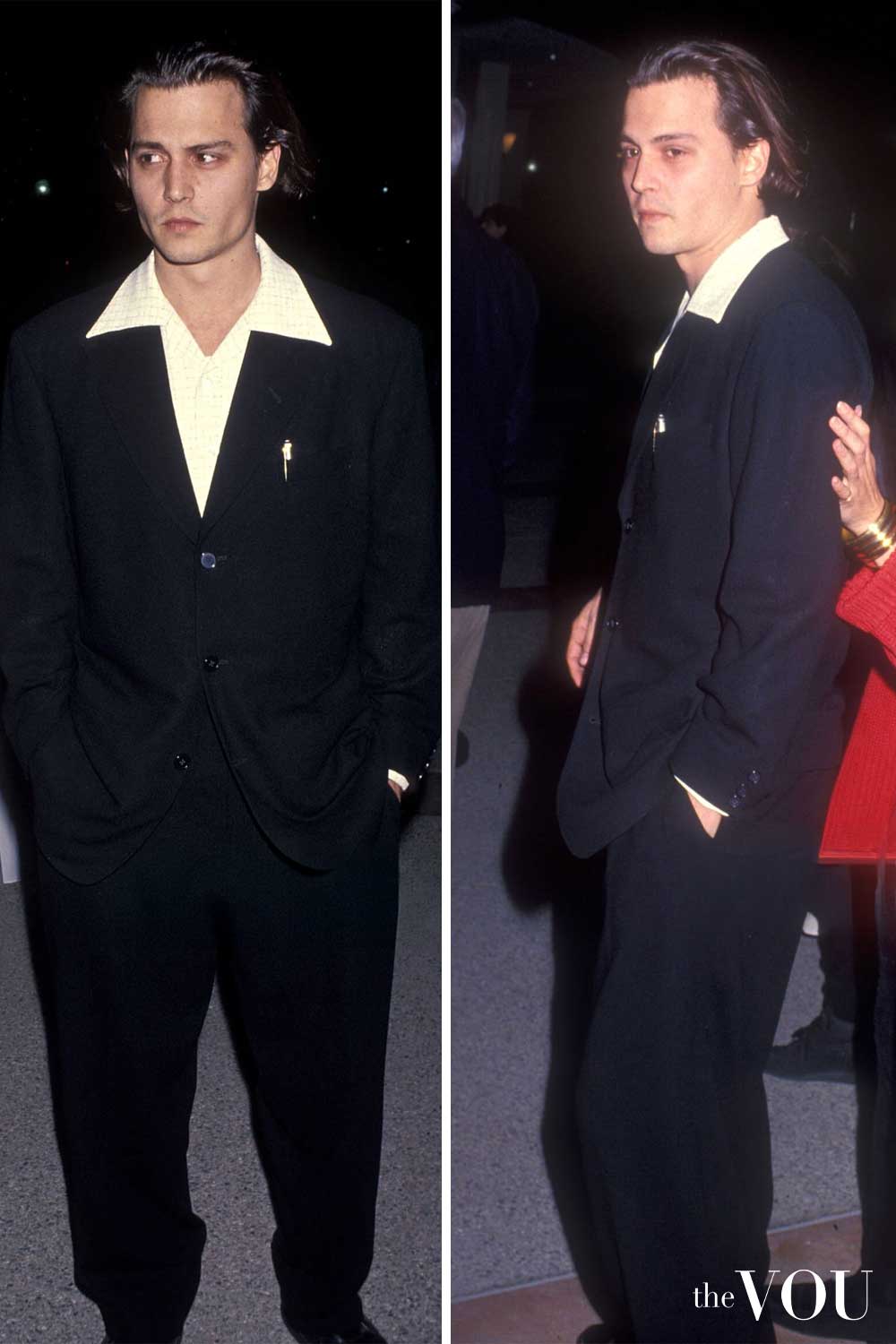 Johnny Depp 90s style suit with dagger collar shirt