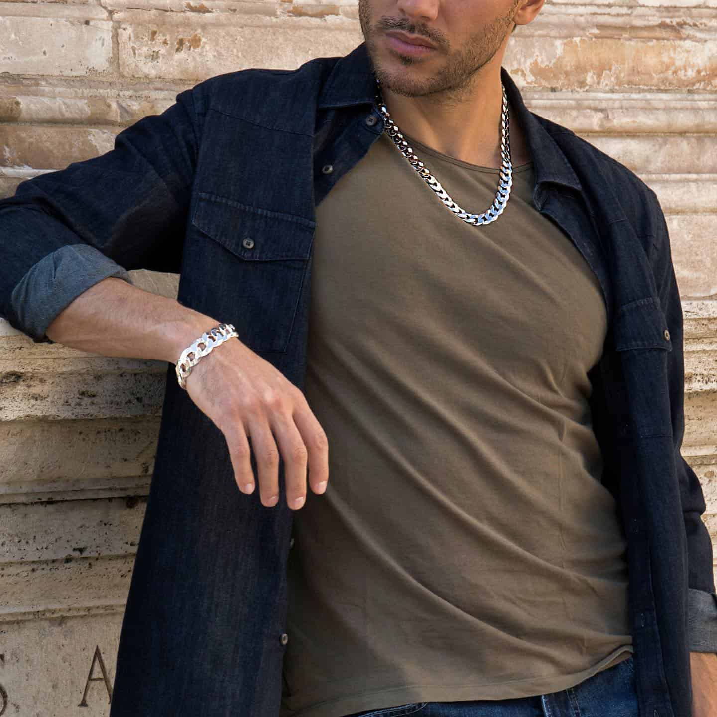 man wearing a cuban chain bracelet and necklace by miabella