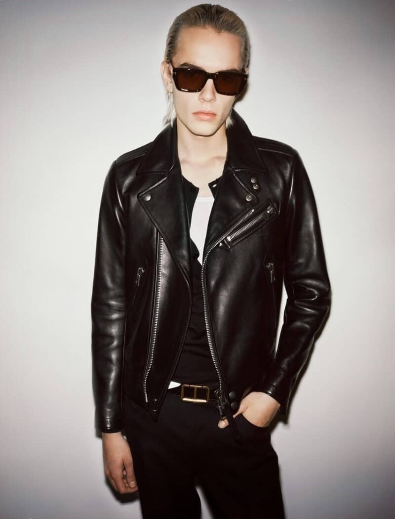 man wearing a Leather Biker Jacket by Tom Ford