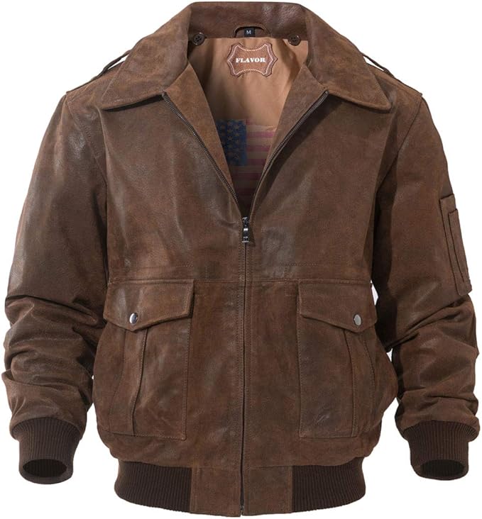 FLAVOR Men’s Leather Flight Bomber Jacket