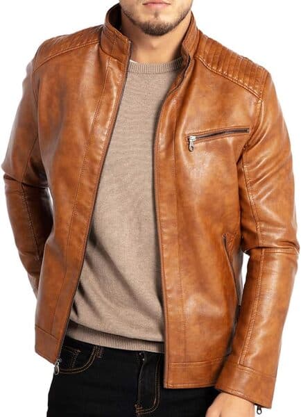 WULFUL Men’s Stand Collar Leather Jacket