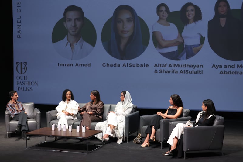 From left: BoF's Imran Amed on stage at Oud Fashion Talks with: Altaf Almudhayan and Sharifa Alsuleity of Kuwaiti footwear brand Thuna; Ghada Al Subaey of Qatari ready-to-wear brand 1309 Studios; and Aya and Mounaz Abdel Raouf of Egyptian jewellery and accessories brand Okhtein.