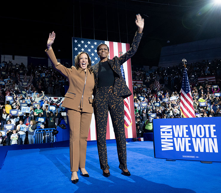 US Vice President and Democratic presidential candidate Kamala Harris and former US First Lady Michelle Obama campaign together at the Wings Event Center in Kalamazoo, Michigan