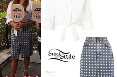 Chrissy Teigen: White Blouse, Studded Skirt