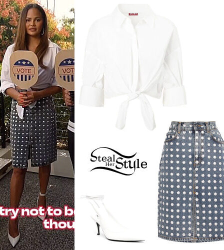 Chrissy Teigen: White Blouse, Studded Skirt