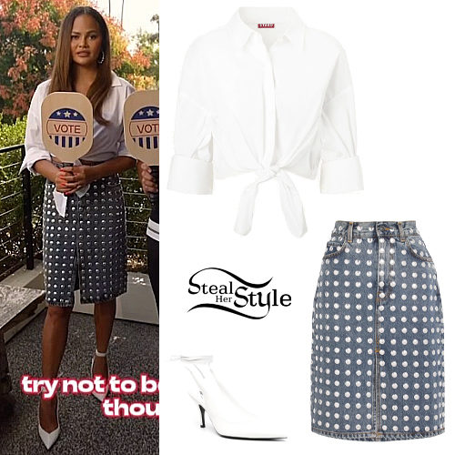 Chrissy Teigen: White Blouse, Studded Skirt