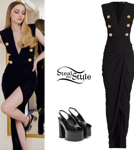 Dove Cameron: Black Maxi Dress and Platforms