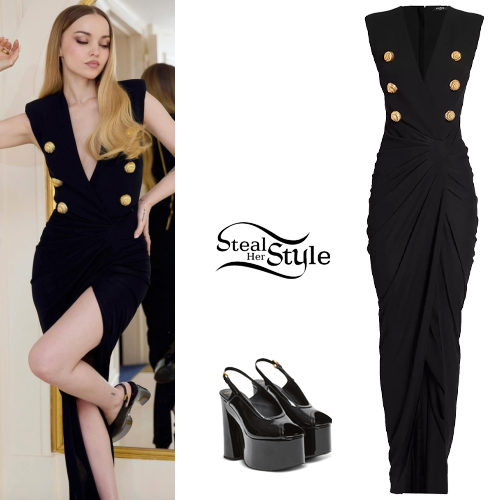 Dove Cameron: Black Maxi Dress and Platforms