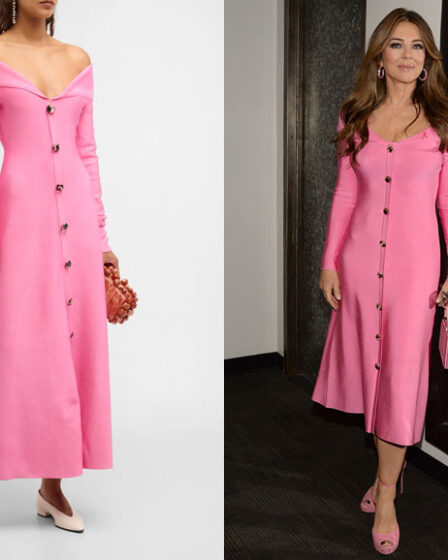 Elizabeth Hurley's Lela Rose Off-The-Shoulder Button-Front Dress