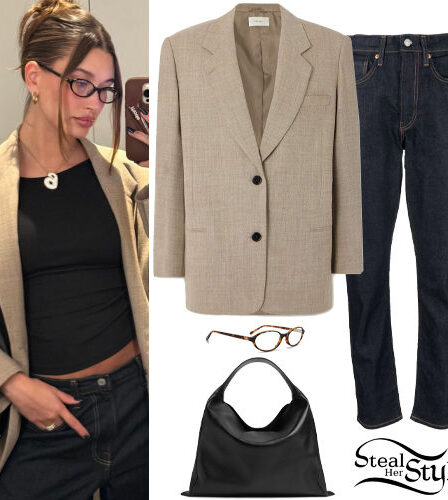 Hailey Baldwin: Taupe Blazer, Navy Jeans