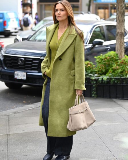 Katie Holmes looks stylish in a matching green coat and top whilst out in New York City