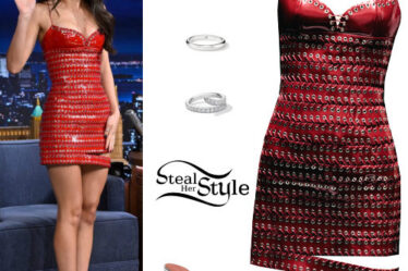 Olivia Rodrigo: Red Leather Dress, Clear Heels