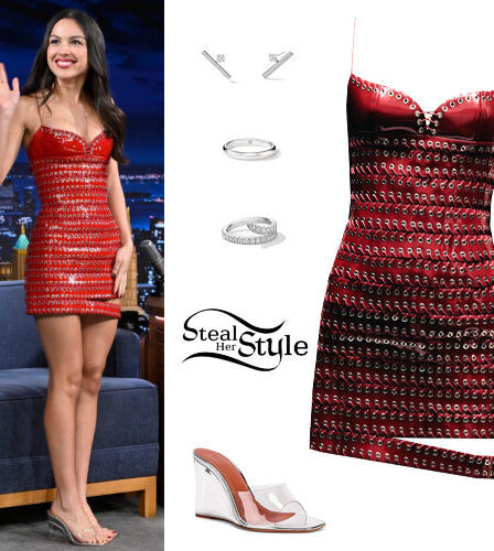 Olivia Rodrigo: Red Leather Dress, Clear Heels