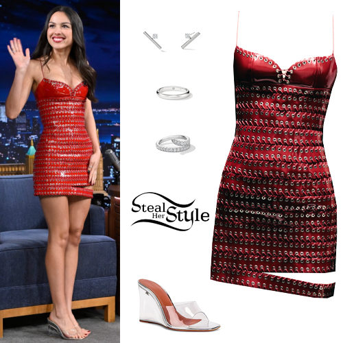 Olivia Rodrigo: Red Leather Dress, Clear Heels