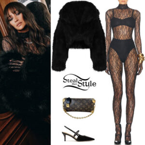 Shay Mitchell: Lace Jumpsuit, Fur Coat