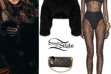 Shay Mitchell: Lace Jumpsuit, Fur Coat