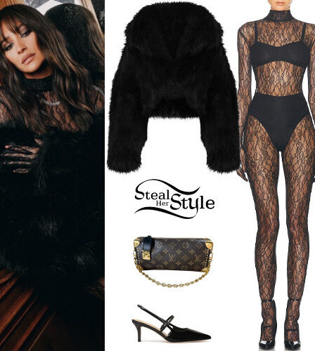 Shay Mitchell: Lace Jumpsuit, Fur Coat