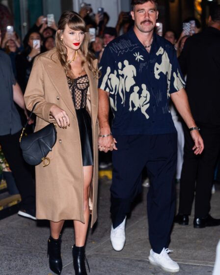 Image may contain Travis Kelce Taylor Swift Alexa Curtis Accessories Bag Handbag Clothing Footwear and High Heel