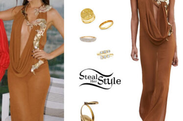 Victoria Justice: Plunge Dress, Gold Sandals