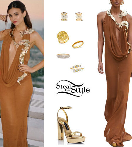 Victoria Justice: Plunge Dress, Gold Sandals