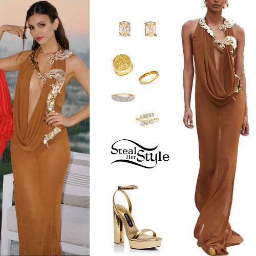 Victoria Justice: Plunge Dress, Gold Sandals