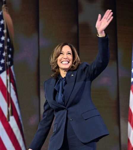 A woman wears a dark blue pantsuit and waves her hand and smiles. She stands in between two American flags.