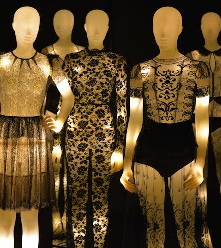 mannequins lit from within display black lace fashion designs