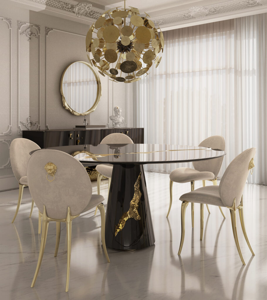 Lapiaz Dining Table in Black Lacquer with Hammered Brass Details | Available at My Object of Desire