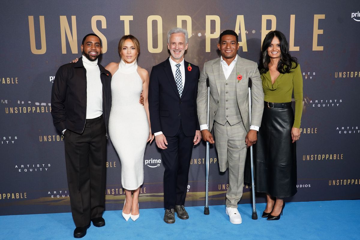 Jharrel Jerome, Jennifer Lopez, William Goldenberg, Anthony Robles, and Judy Robles arrive for a special screening of Unstoppable 