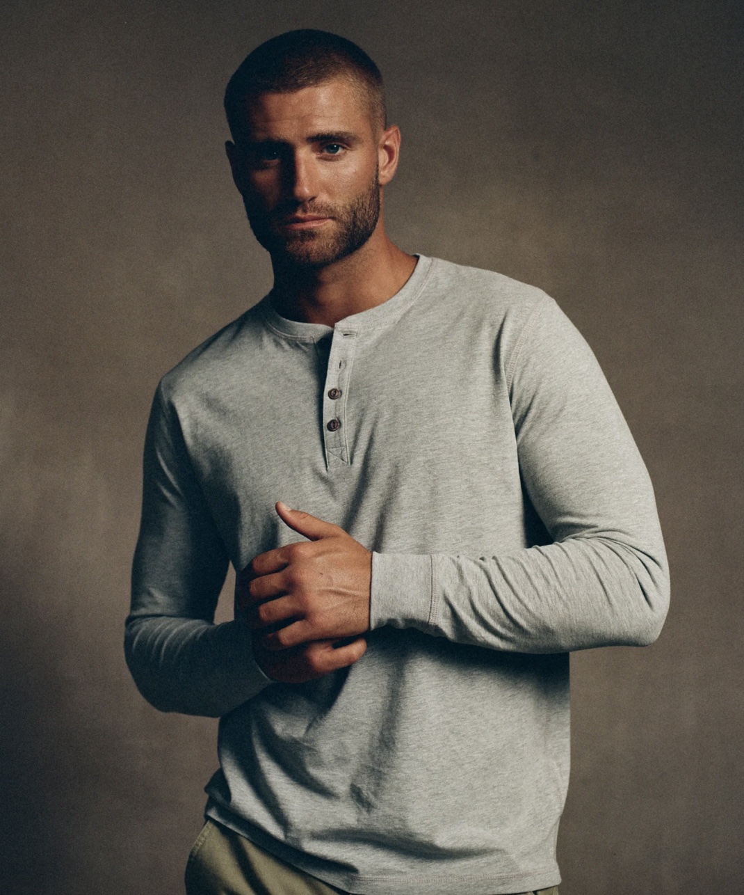 Long Sleeve Brushed Jersey Henley on model