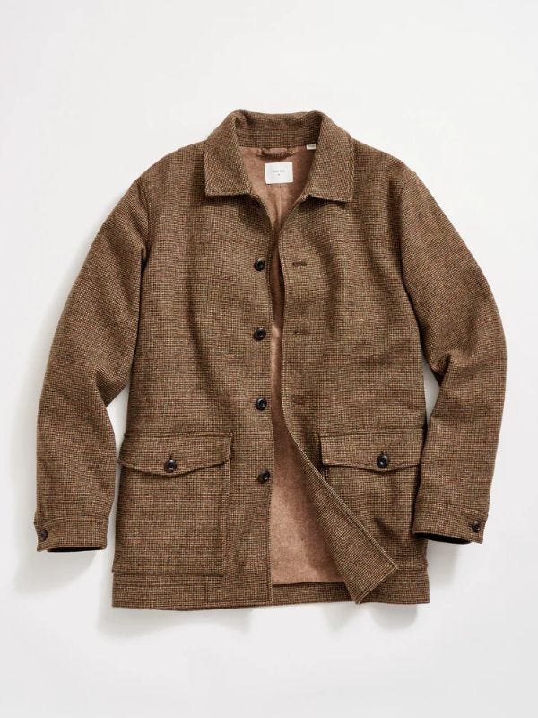 textured brown overcoat with front pockets, included in a roundup of Billy Reid Gift Ideas